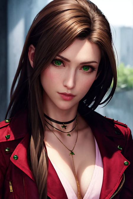 3978521960-3187489594-ff7r style,__1girl, solo, realistic, green eyes, brown hair, long hair, blurry, looking at viewer, red jacket, jewelry, blurry b.png